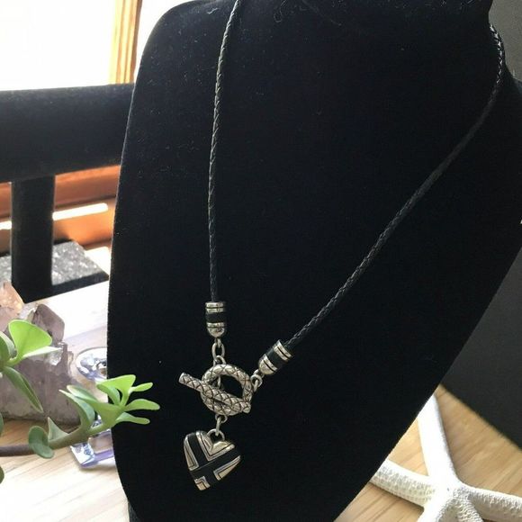 Brighton Whisper Black Heart Necklace Leather Braided Cord Front Toggle 18” - Picture 5 of 6
